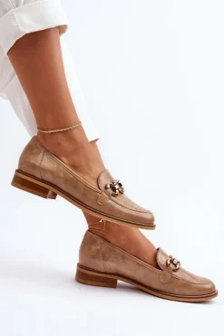 Skórzane Damskie Lakierowane Mokasyny Laura Messi 2760 Brązowe