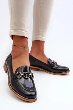 Skórzane Damskie Lakierowane Mokasyny Laura Messi 2760 Granatowe