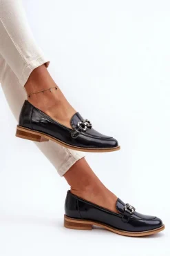 Skórzane Damskie Lakierowane Mokasyny Laura Messi 2760 Granatowe