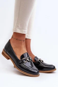 Skórzane Damskie Lakierowane Mokasyny Laura Messi 2760 Granatowe