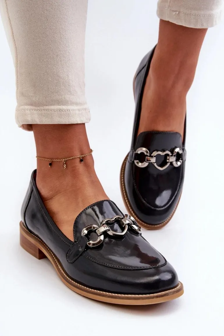 Skórzane Damskie Lakierowane Mokasyny Laura Messi 2760 Granatowe