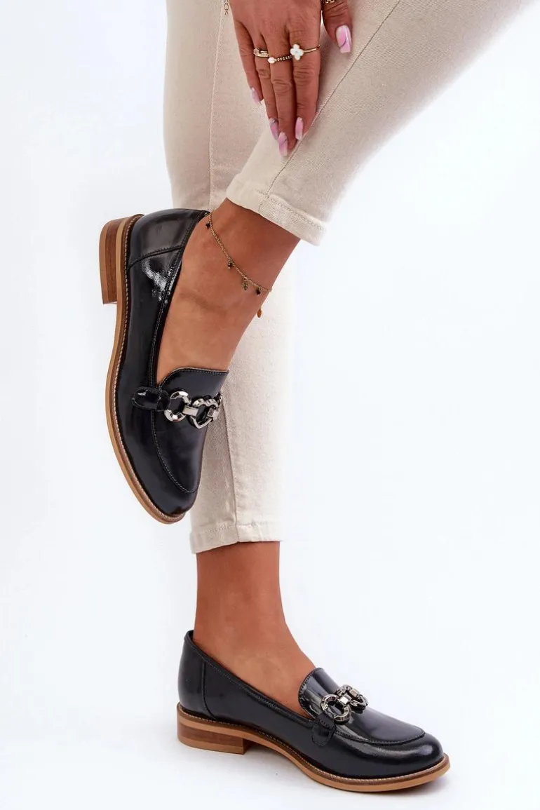 Skórzane Damskie Lakierowane Mokasyny Laura Messi 2760 Granatowe