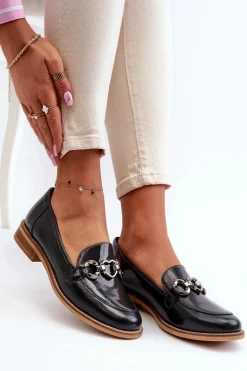 Skórzane Damskie Lakierowane Mokasyny Laura Messi 2760 Granatowe