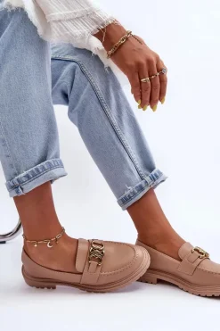 Skórzane Damskie Mokasyny Na Płaskim Obcasie Beżowe Sincias