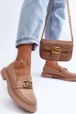 Skórzane Damskie Mokasyny Na Płaskim Obcasie Beżowe Sincias