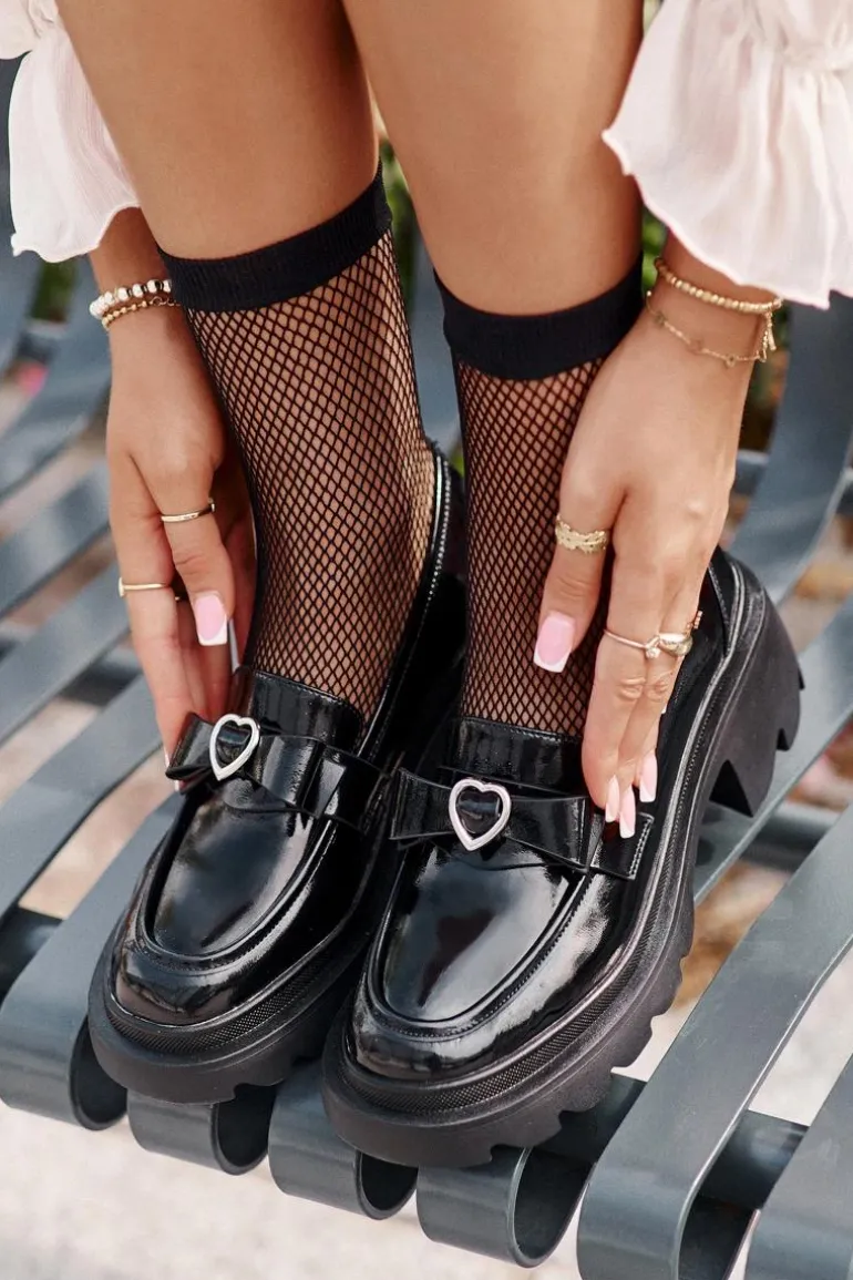 Skórzane Damskie Mokasyny Z Kokardką I Sercem D&A LZ42-032 Czarne