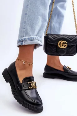 Skórzane Damskie Mokasyny Na Płaskim Obcasie Czarne Sincias