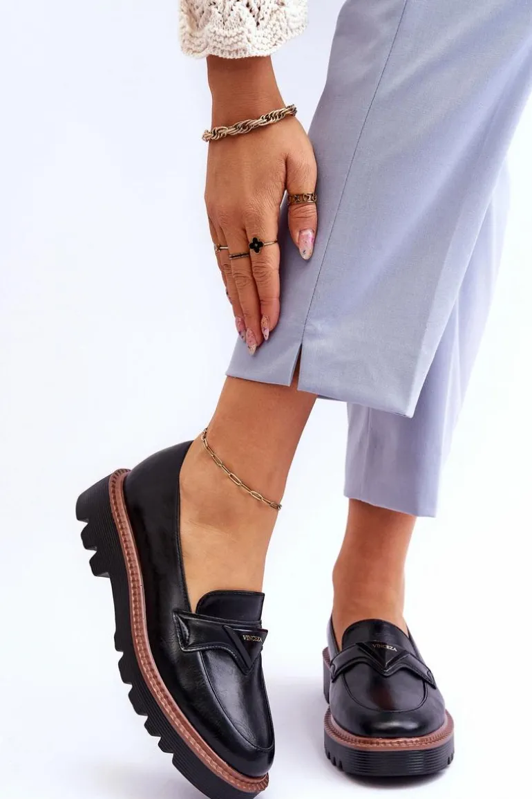 Skórzane Damskie Mokasyny Na Platformie Z Ozdobą Czarne Jonett