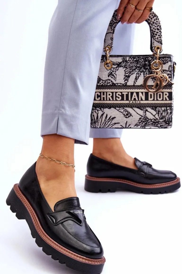 Skórzane Damskie Mokasyny Na Platformie Z Ozdobą Czarne Jonett