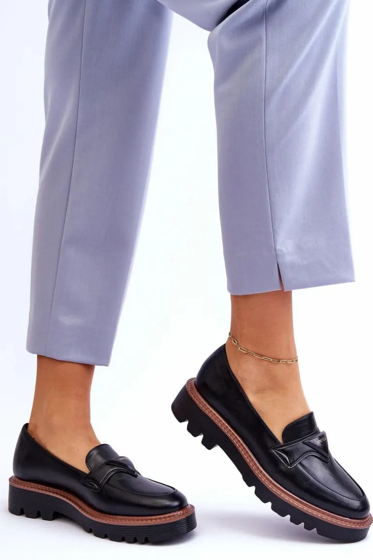 Skórzane Damskie Mokasyny Na Platformie Z Ozdobą Czarne Jonett