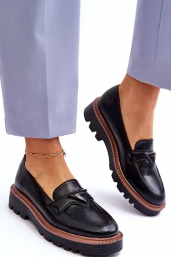 Skórzane Damskie Mokasyny Na Platformie Z Ozdobą Czarne Jonett