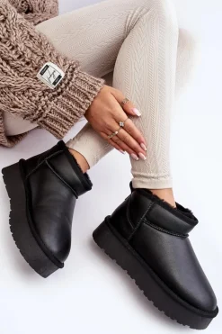 Skórzane Damskie Śniegowce Na Platformie Czarne Loreley