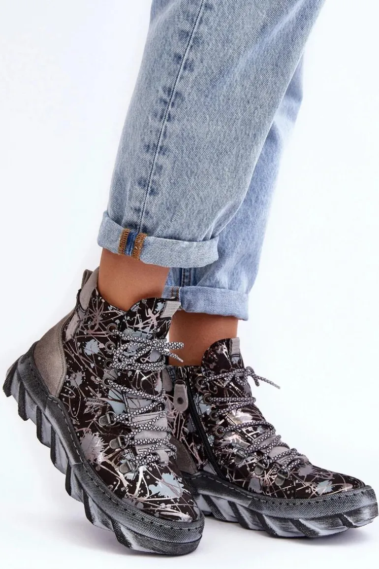 Skórzane Damskie Ocieplane Botki Maciejka 06146-03 Szare