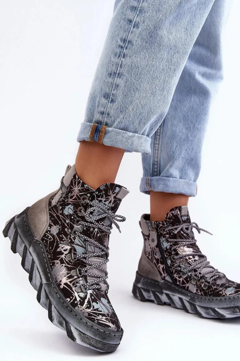 Skórzane Damskie Ocieplane Botki Maciejka 06146-03 Szare