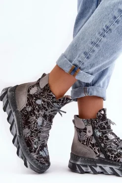 Skórzane Damskie Ocieplane Botki Maciejka 06146-03 Szare