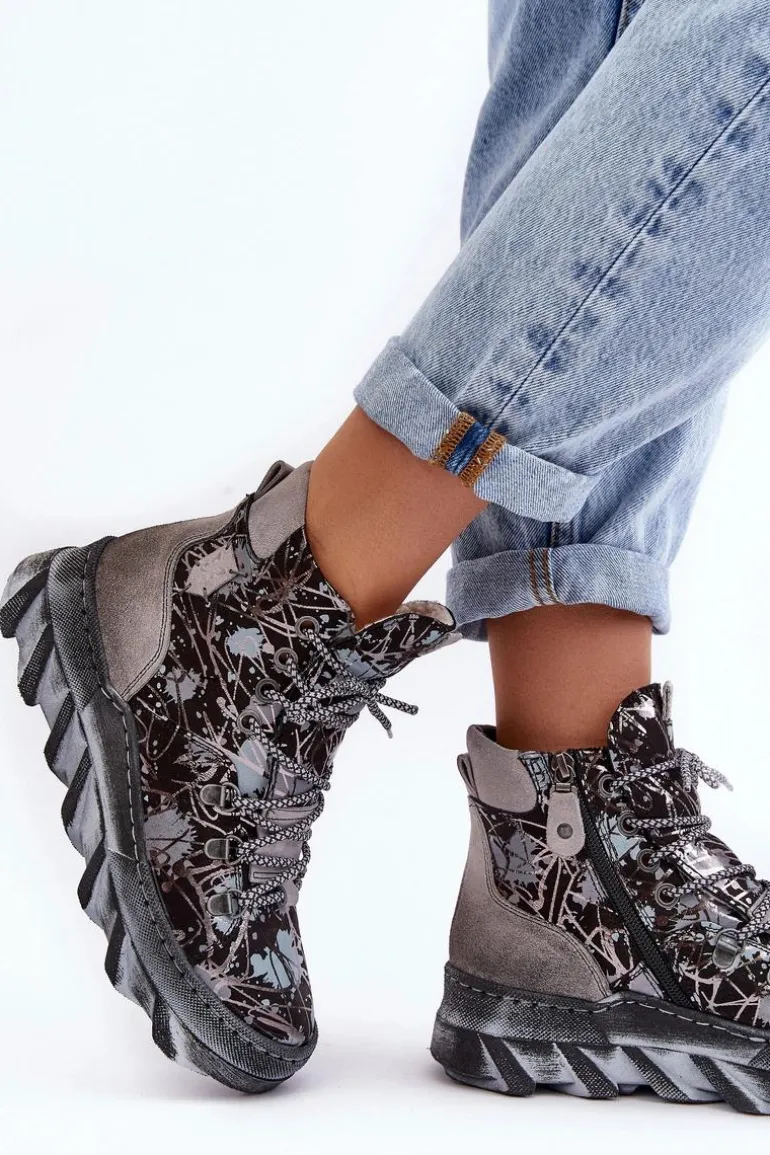 Skórzane Damskie Ocieplane Botki Maciejka 06146-03 Szare