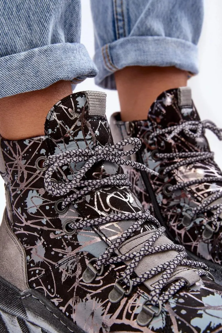 Skórzane Damskie Ocieplane Botki Maciejka 06146-03 Szare