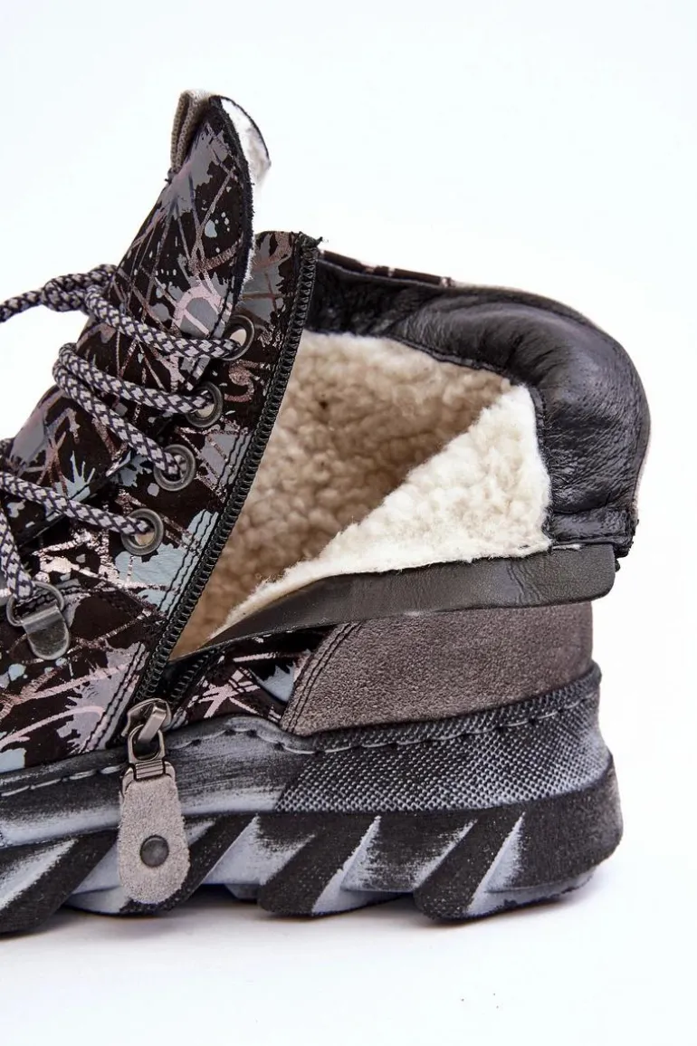 Skórzane Damskie Ocieplane Botki Maciejka 06146-03 Szare