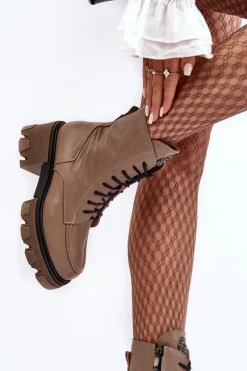 Skórzane Damskie Ocieplane Botki Trapery Lemar Brązowe Rehin