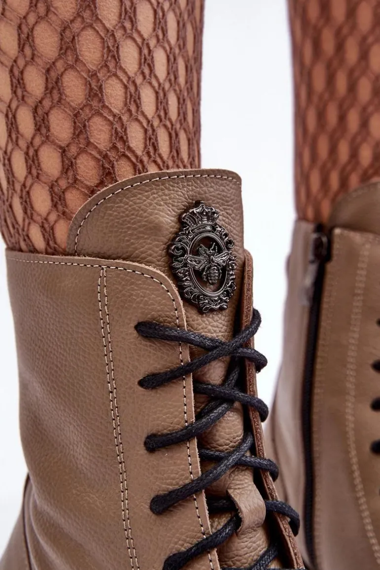 Skórzane Damskie Ocieplane Botki Trapery Lemar Brązowe Rehin