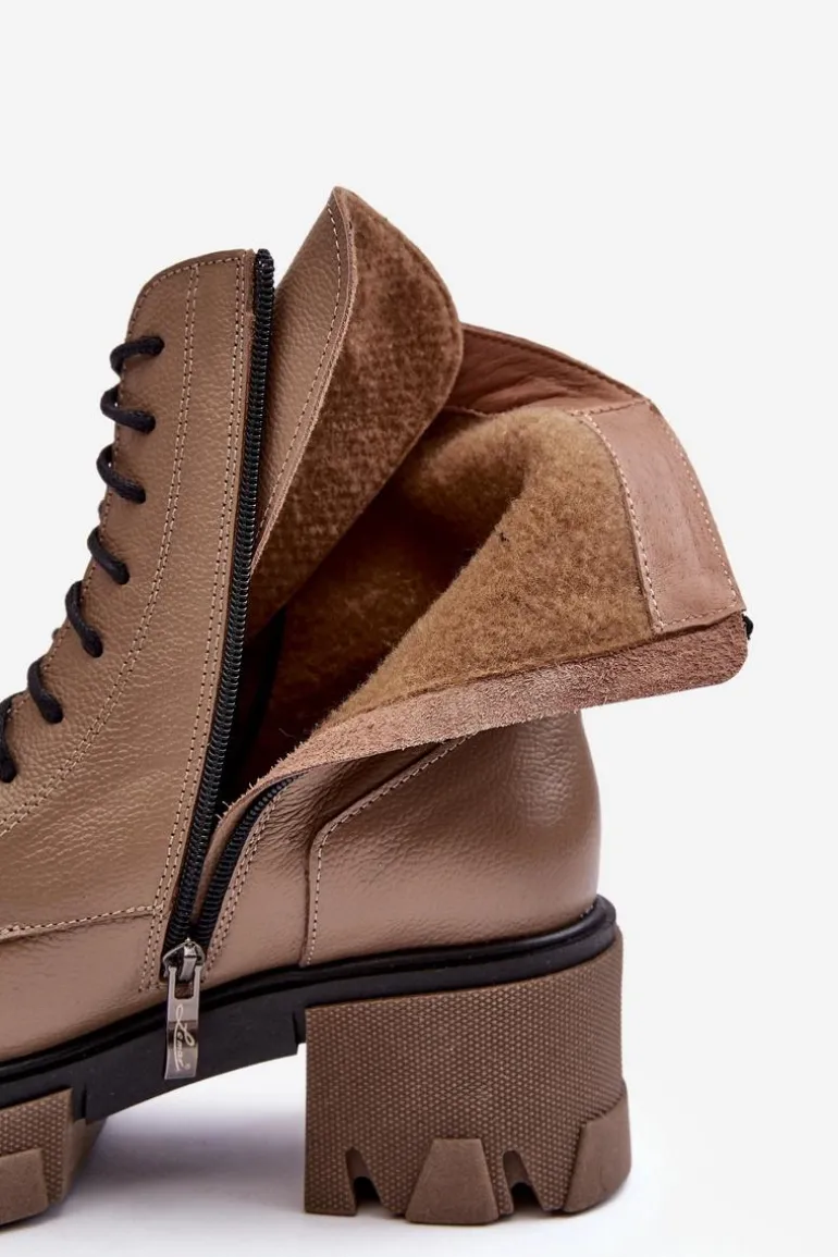 Skórzane Damskie Ocieplane Botki Trapery Lemar Brązowe Rehin