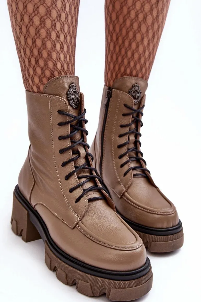 Skórzane Damskie Ocieplane Botki Trapery Lemar Brązowe Rehin