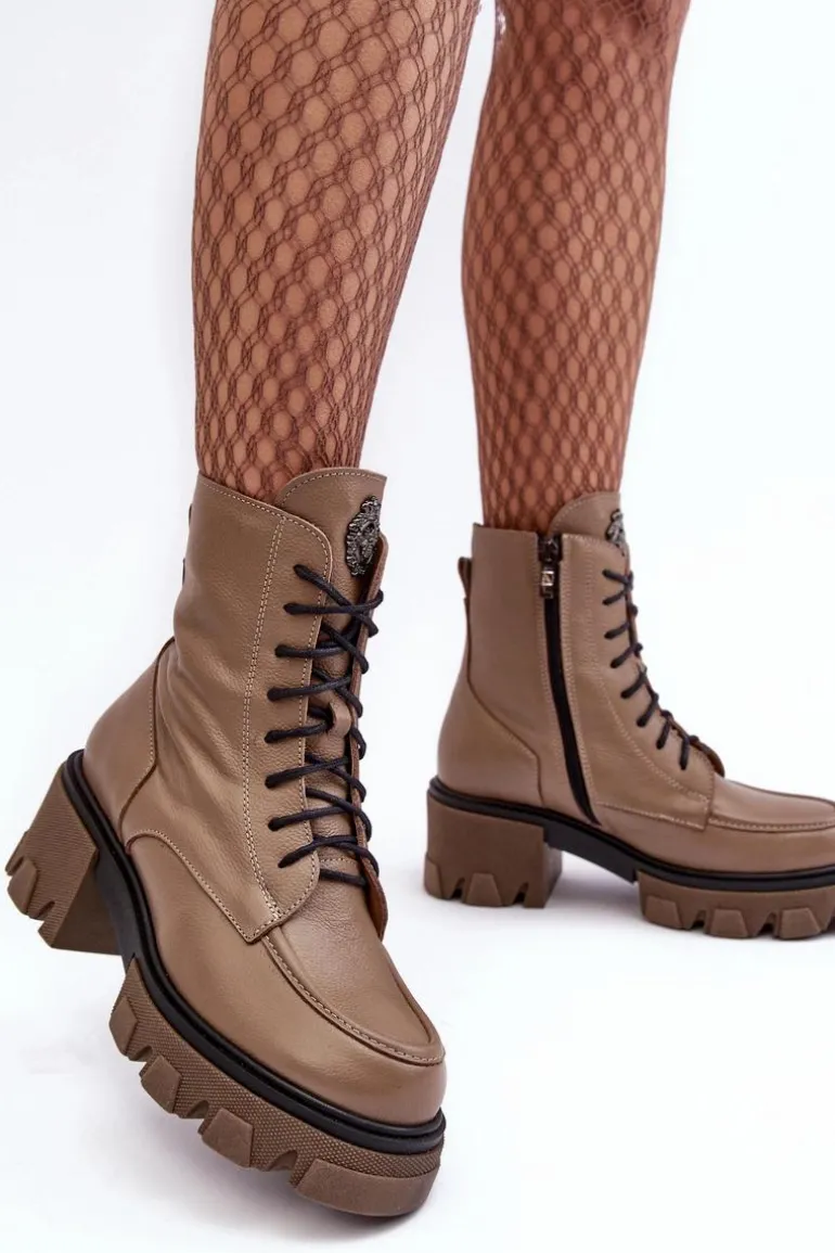 Skórzane Damskie Ocieplane Botki Trapery Lemar Brązowe Rehin