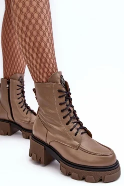 Skórzane Damskie Ocieplane Botki Trapery Lemar Brązowe Rehin