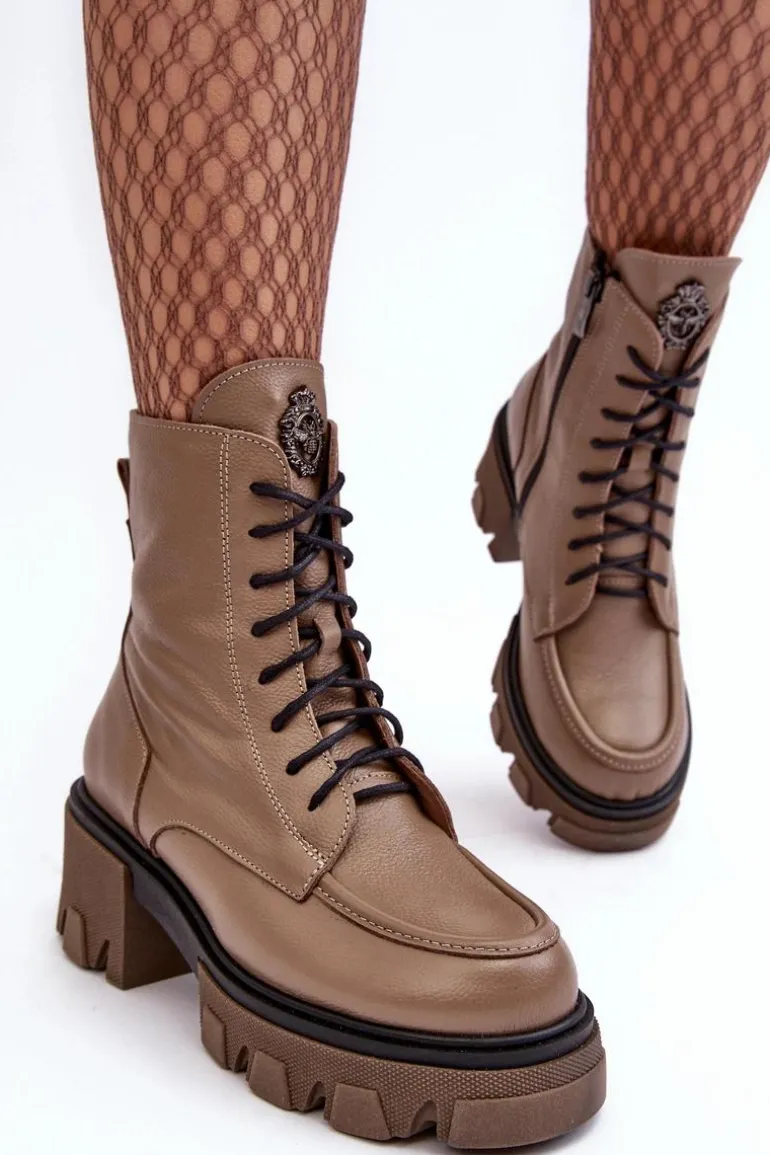 Skórzane Damskie Ocieplane Botki Trapery Lemar Brązowe Rehin