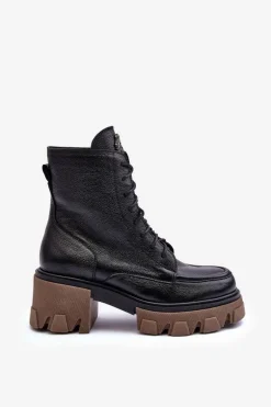 Skórzane Damskie Ocieplane Botki Trapery Czarne Lemar Rehin