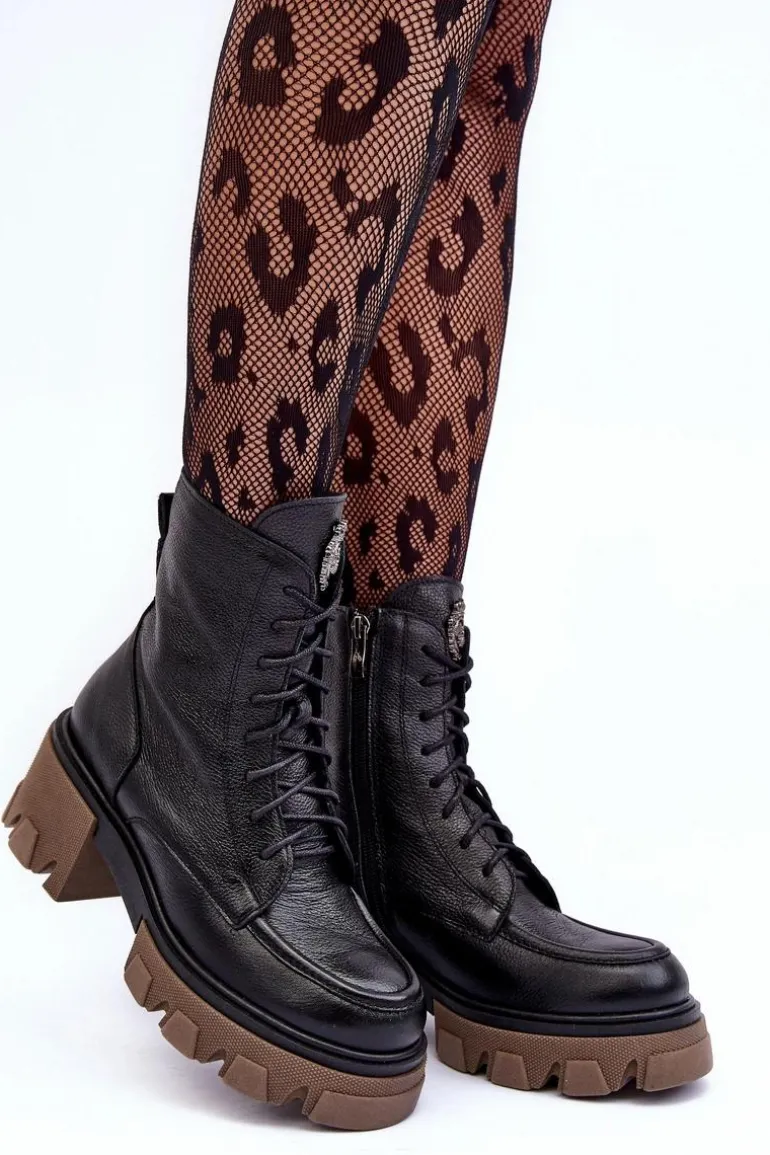 Skórzane Damskie Ocieplane Botki Trapery Czarne Lemar Rehin