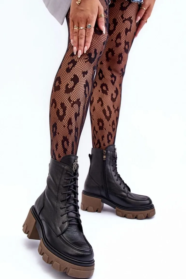 Skórzane Damskie Ocieplane Botki Trapery Czarne Lemar Rehin