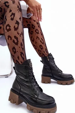 Skórzane Damskie Ocieplane Botki Trapery Czarne Lemar Rehin