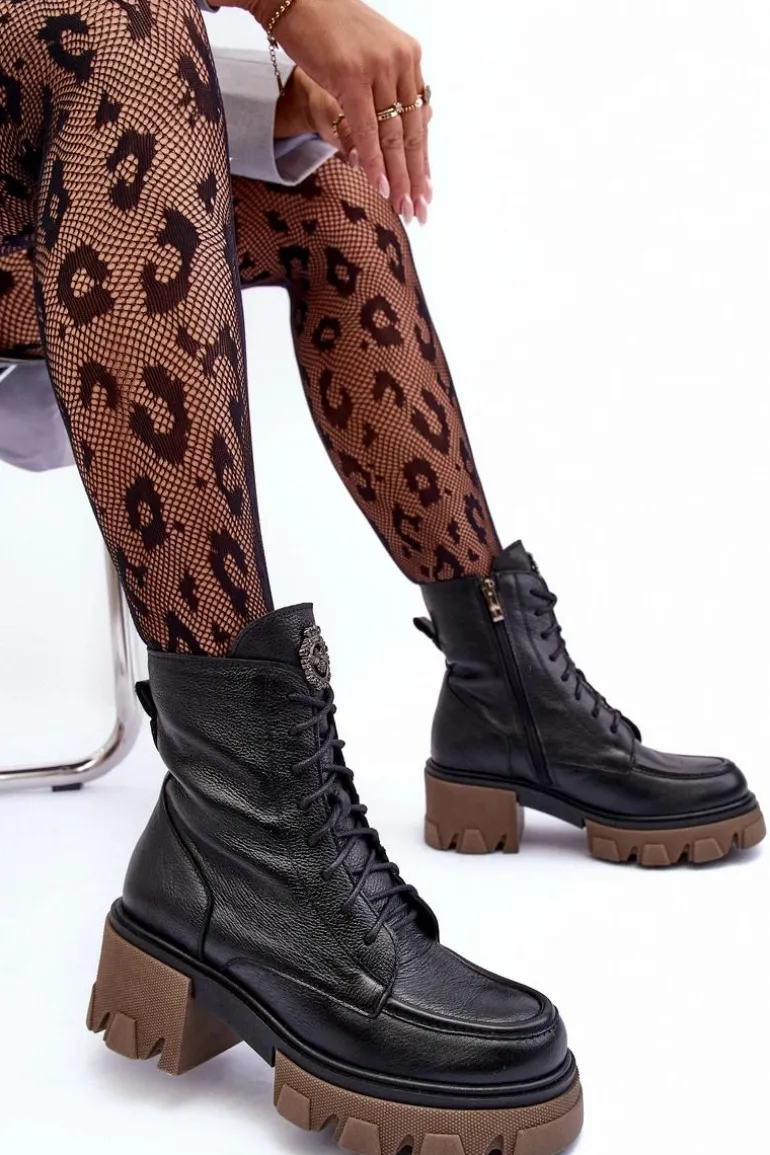 Skórzane Damskie Ocieplane Botki Trapery Czarne Lemar Rehin