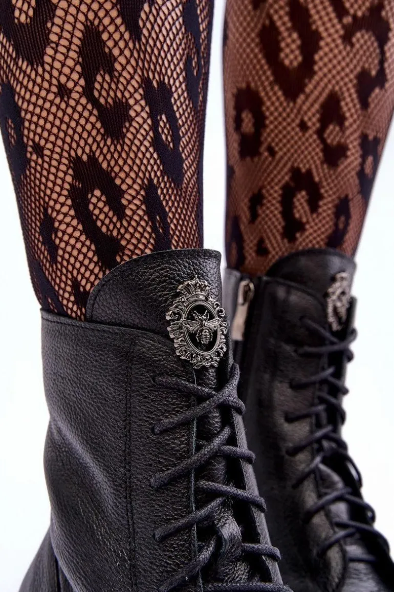 Skórzane Damskie Ocieplane Botki Trapery Czarne Lemar Rehin