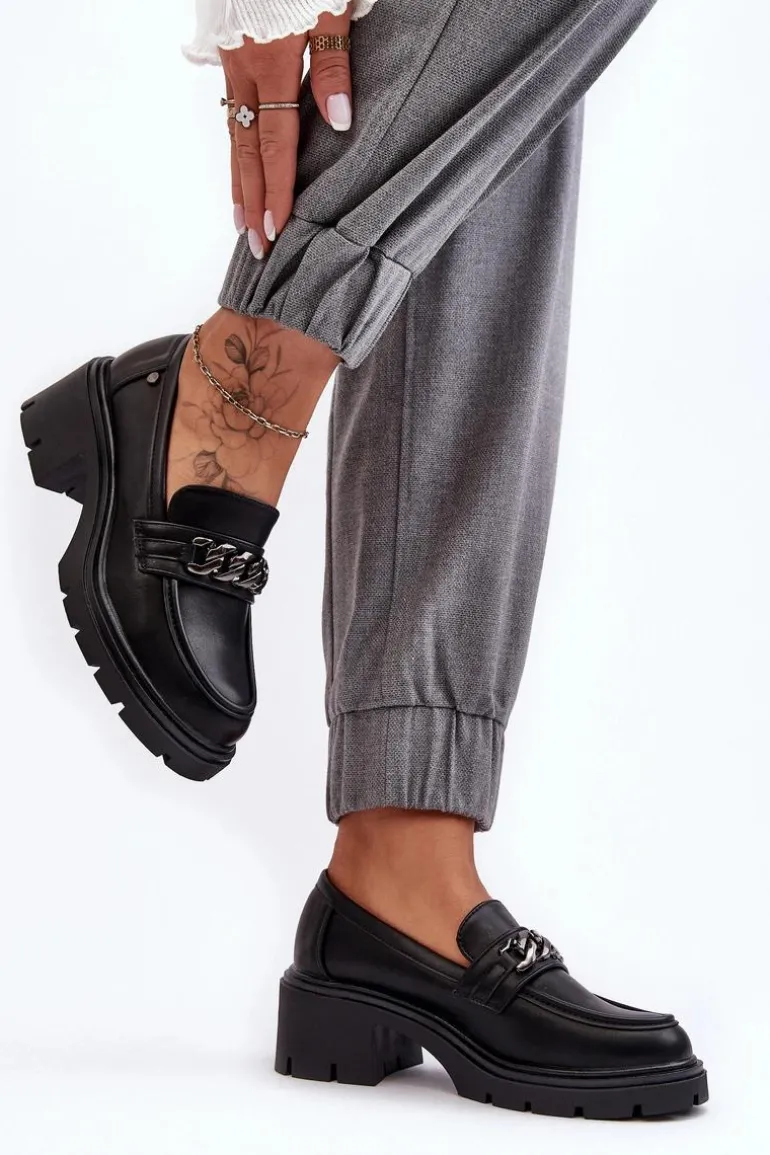 Skórzane Damskie Półbuty Na Niskim Obcasie Czarne Blimma