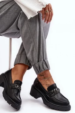 Skórzane Damskie Półbuty Na Niskim Obcasie Czarne Blimma