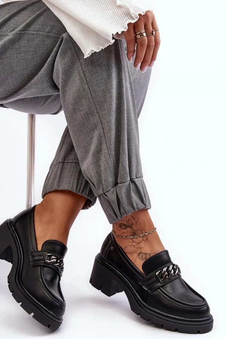 Skórzane Damskie Półbuty Na Niskim Obcasie Czarne Blimma