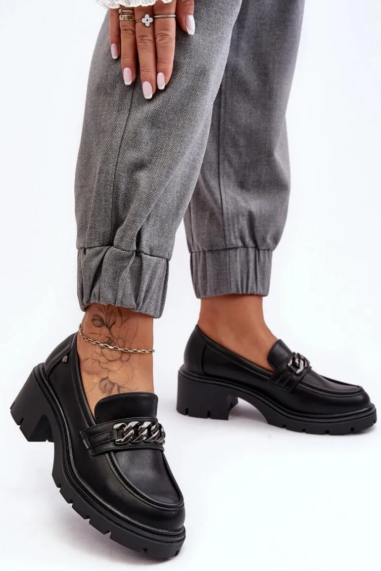 Skórzane Damskie Półbuty Na Niskim Obcasie Czarne Blimma