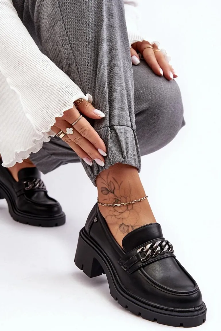 Skórzane Damskie Półbuty Na Niskim Obcasie Czarne Blimma