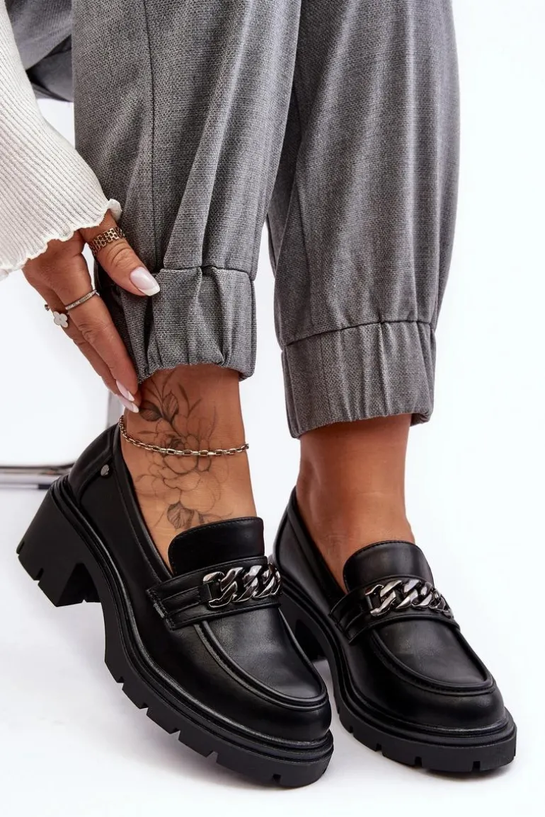 Skórzane Damskie Półbuty Na Niskim Obcasie Czarne Blimma