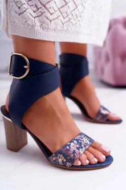 Skórzane Damskie Sandały Maciejka Na Słupku Granatowe 03597