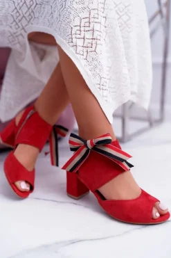 Skórzane Damskie Sandały Maciejka Na Słupku Czerwone 04038-08