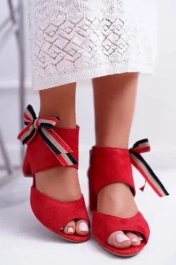 Skórzane Damskie Sandały Maciejka Na Słupku Czerwone 04038-08