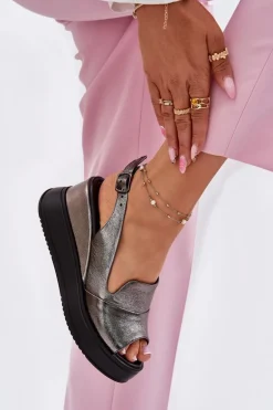 Skórzane Damskie Sandały Na Koturnie Artiker 54C0402 Grafitowe