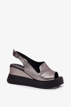 Skórzane Damskie Sandały Na Koturnie Artiker 54C0402 Grafitowe