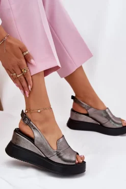 Skórzane Damskie Sandały Na Koturnie Artiker 54C0402 Grafitowe