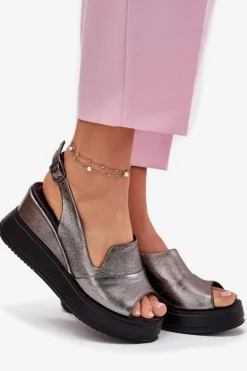 Skórzane Damskie Sandały Na Koturnie Artiker 54C0402 Grafitowe