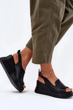 Skórzane Damskie Sandały Na Koturnie Artiker 52C0484 Czarne