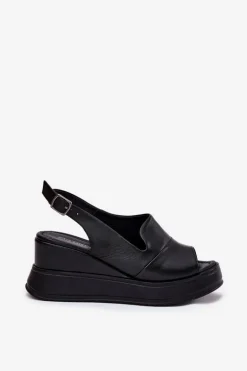 Skórzane Damskie Sandały Na Koturnie Artiker 52C0484 Czarne